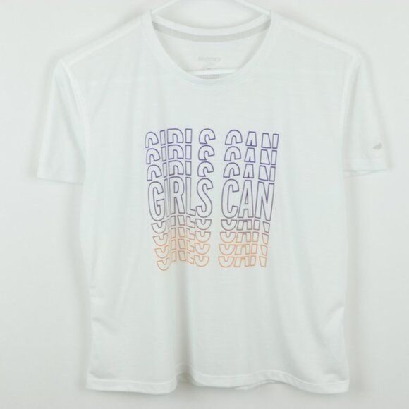 Brooks Running Girls Large White Purple Crewneck Graphic Short Sleeve Tee - Picture 1 of 6